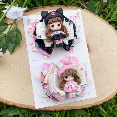 Pink and Black Kitty Girls Ribbon Bow