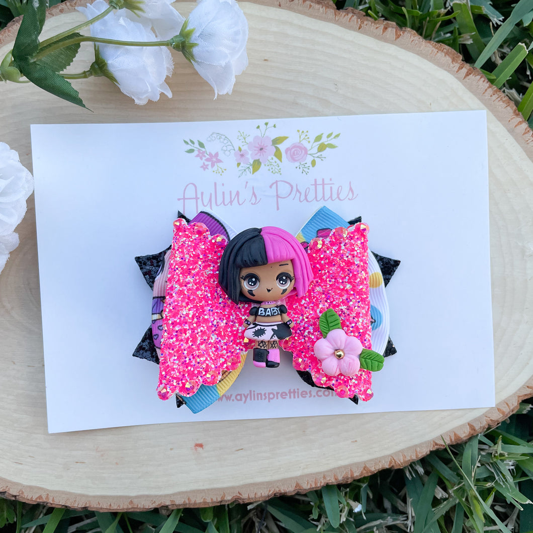 Pink/Black Hair Girl Ribbon Bow
