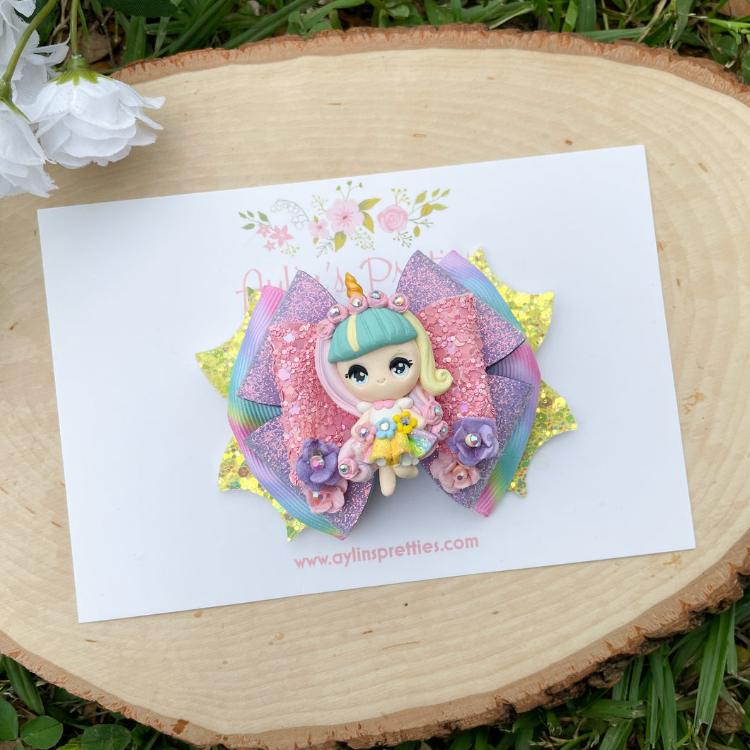 Floral Unicorn Girl Ribbon Bow