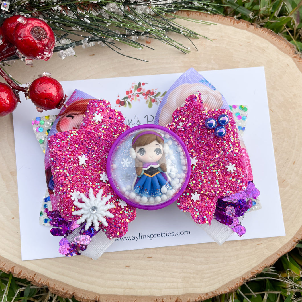 Brown Hair Snow Globe Princess Ribbon Bow