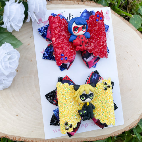 Lady Bug Girl and Cat Boy Ribbon Piggies