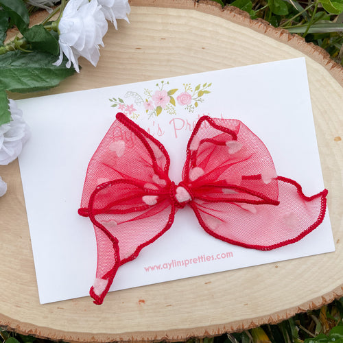 Red Tulle Hearts Bow