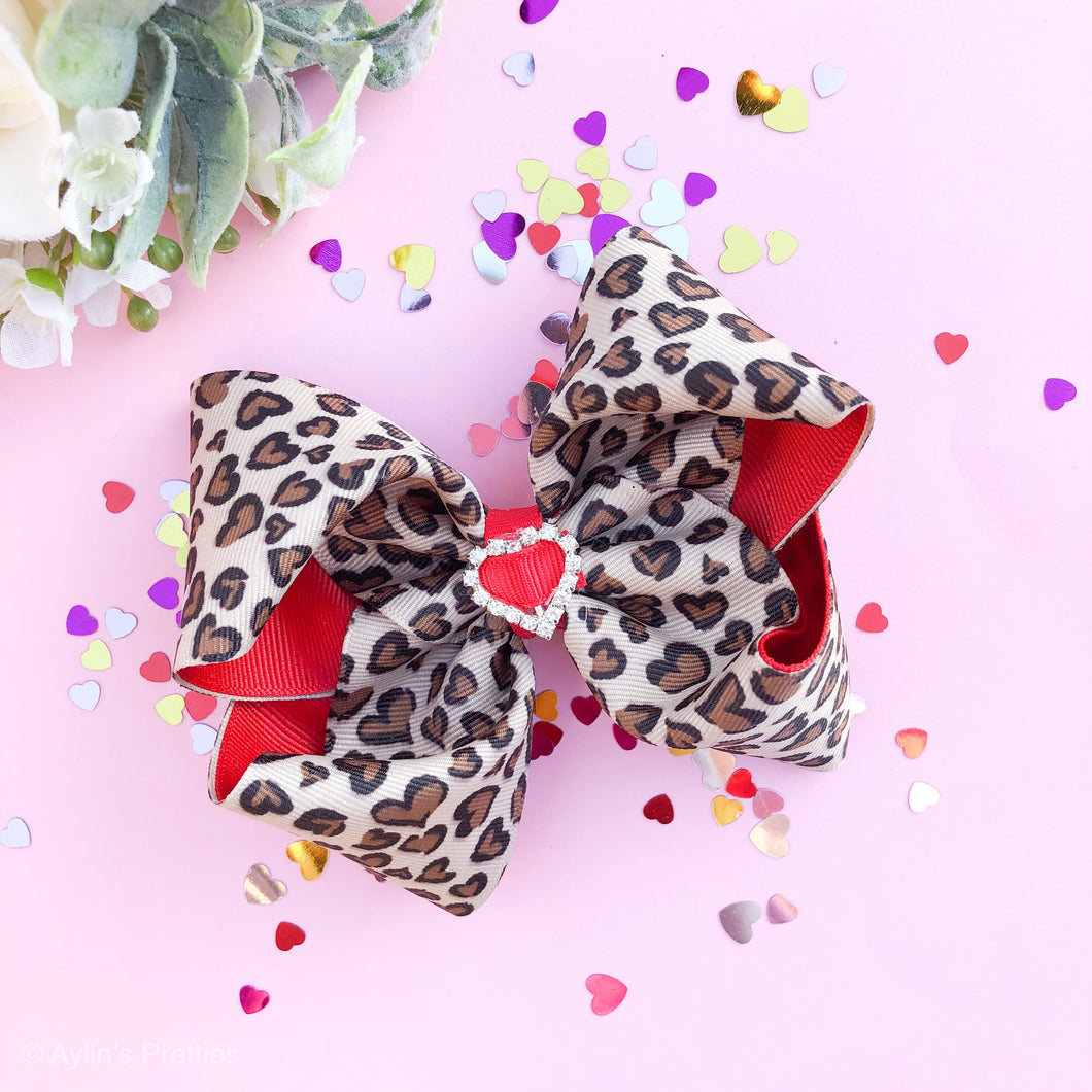 Heart Leopard Ribbon Bow