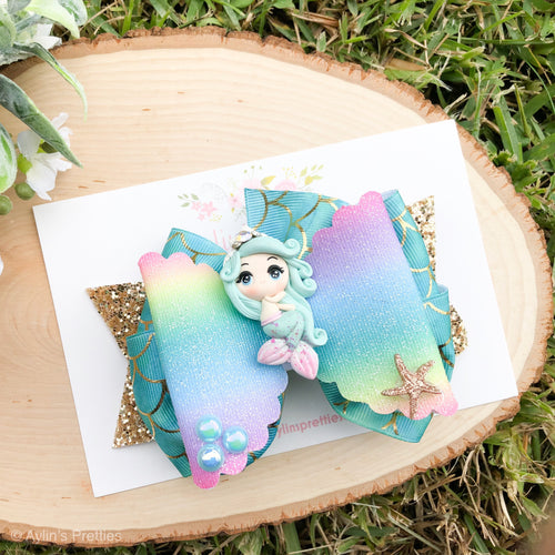 Blue Hair Mermaid Ribbon Bow