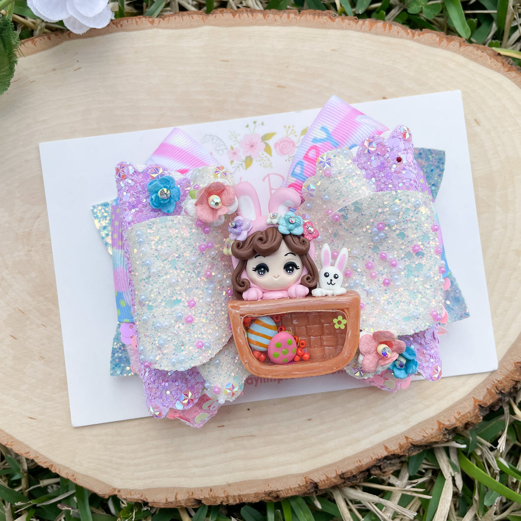 Bunny Girl and Bunny in Basket Shaker Ribbon Bow